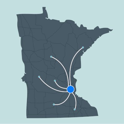 Map of Minnesota showing service area within 2 hours of Minneapolis