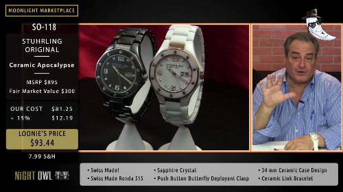 Man selling black & white watches on direct response program